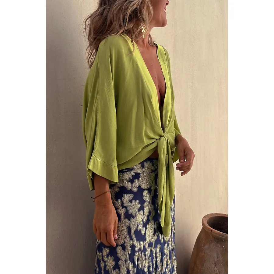 Women's Casual Lace Up 34 Sleeve Loose Vacation Multi-color Shirt - Matcha