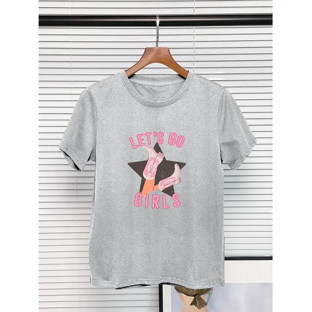 European And American Round Neck T shirt 100 Cotton Denim Girl Boots Printing Light Gray - Shop at LoveMi