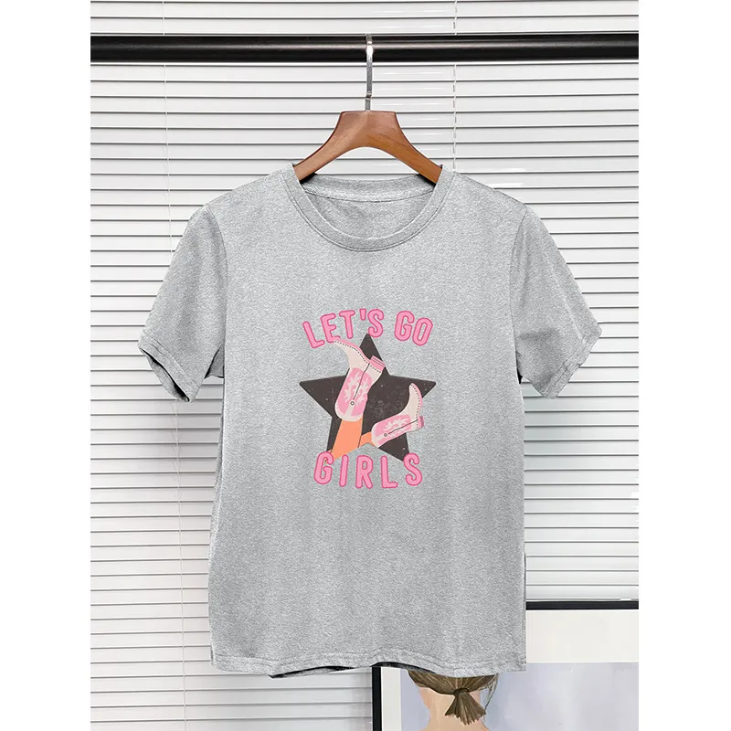 European And American Round Neck T-shirt 100 Cotton Denim Girl Boots Printing - Light Gray