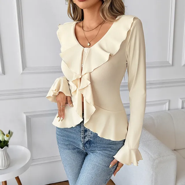 V neck Flounce Slim Fit Slimming Top T shirt For Women Apricot - Shop at LoveMi