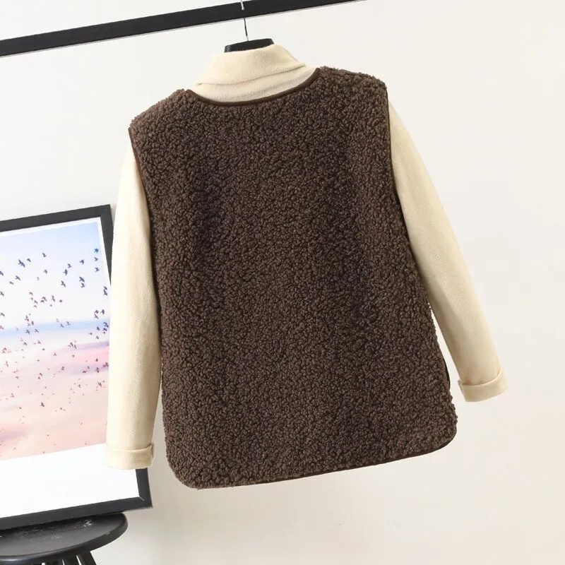 Autumn And Winter Versatile Outerwear Plush Vest - Dark Coffee Button Style