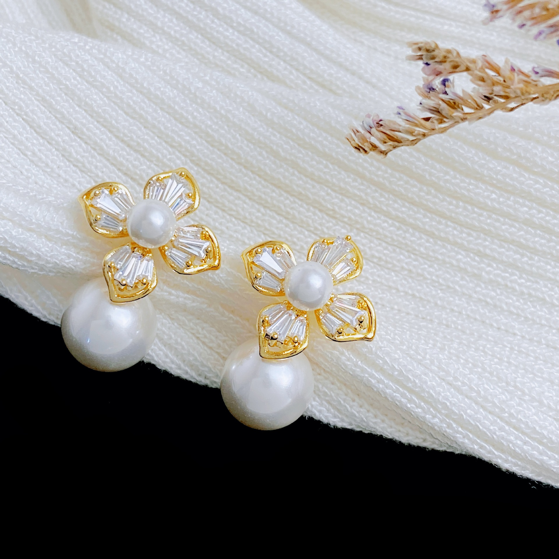 Zircon Floret Pearl Silver Pin Earrings