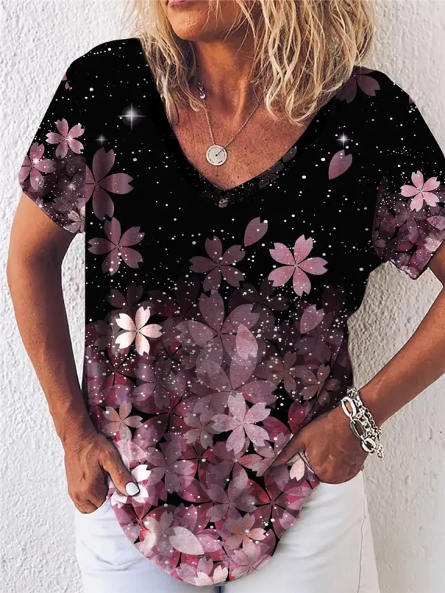 Summer Popular Floral Print Short sleeved V neck T shirt For Women - Shop at LoveMi