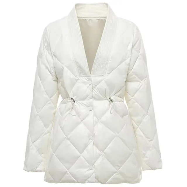 Rhombus Cotton padded Jacket Women's Mid length Large V neck Jacket White - Shop at LoveMi