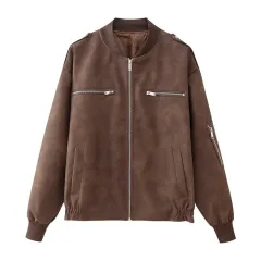 European And American Street Fashion Casual Artificial Leather Jacket Coat - Brown - View 1