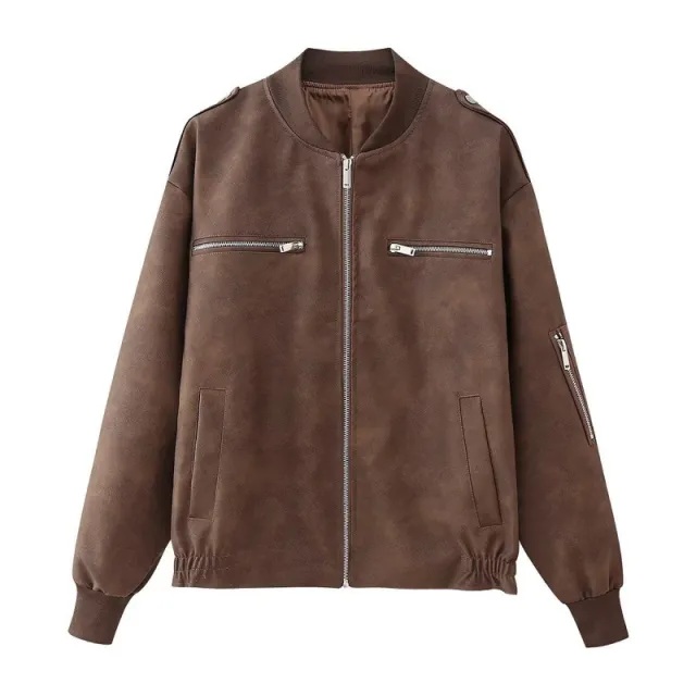 European And American Street Fashion Casual Artificial Leather Jacket Coat Brown - Shop at LoveMi