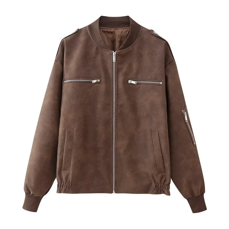 European And American Street Fashion Casual Artificial Leather Jacket Coat - Brown