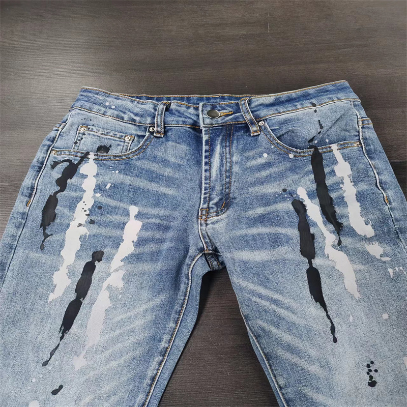Cross-border Gradient High Street Fashion Brand Splash-ink Paint Stretch Retro Jeans