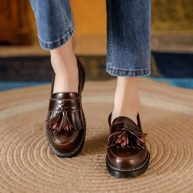 Tassel Retro Girls Artistic College Chunky Heel Loafers Leather Shoes Brown - Shop at LoveMi