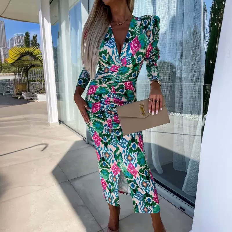 Puff Sleeve Long Sleeve Split V-neck High Waist Slimming