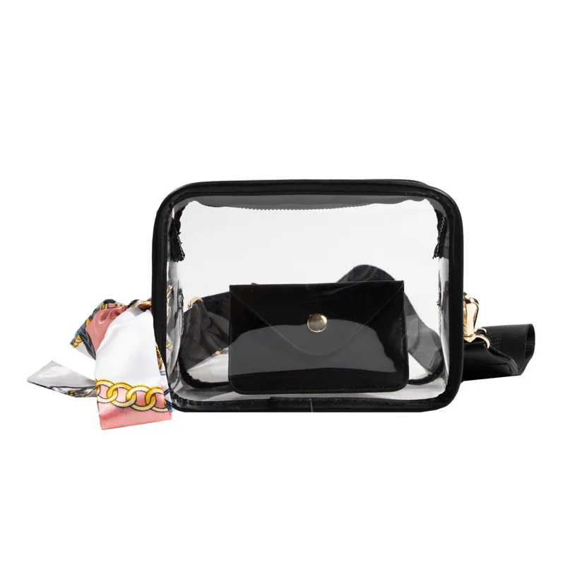 Women's Wide Shoulder Strap PVC Crossbody Transparent Bag - Black