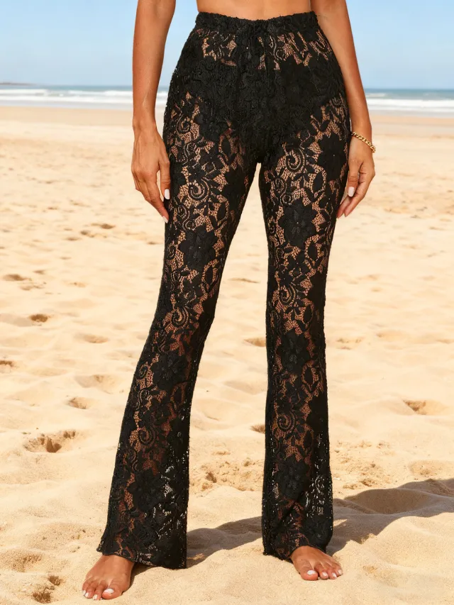 Casual Lace See through Flared Pants For Women Black - Shop at LoveMi