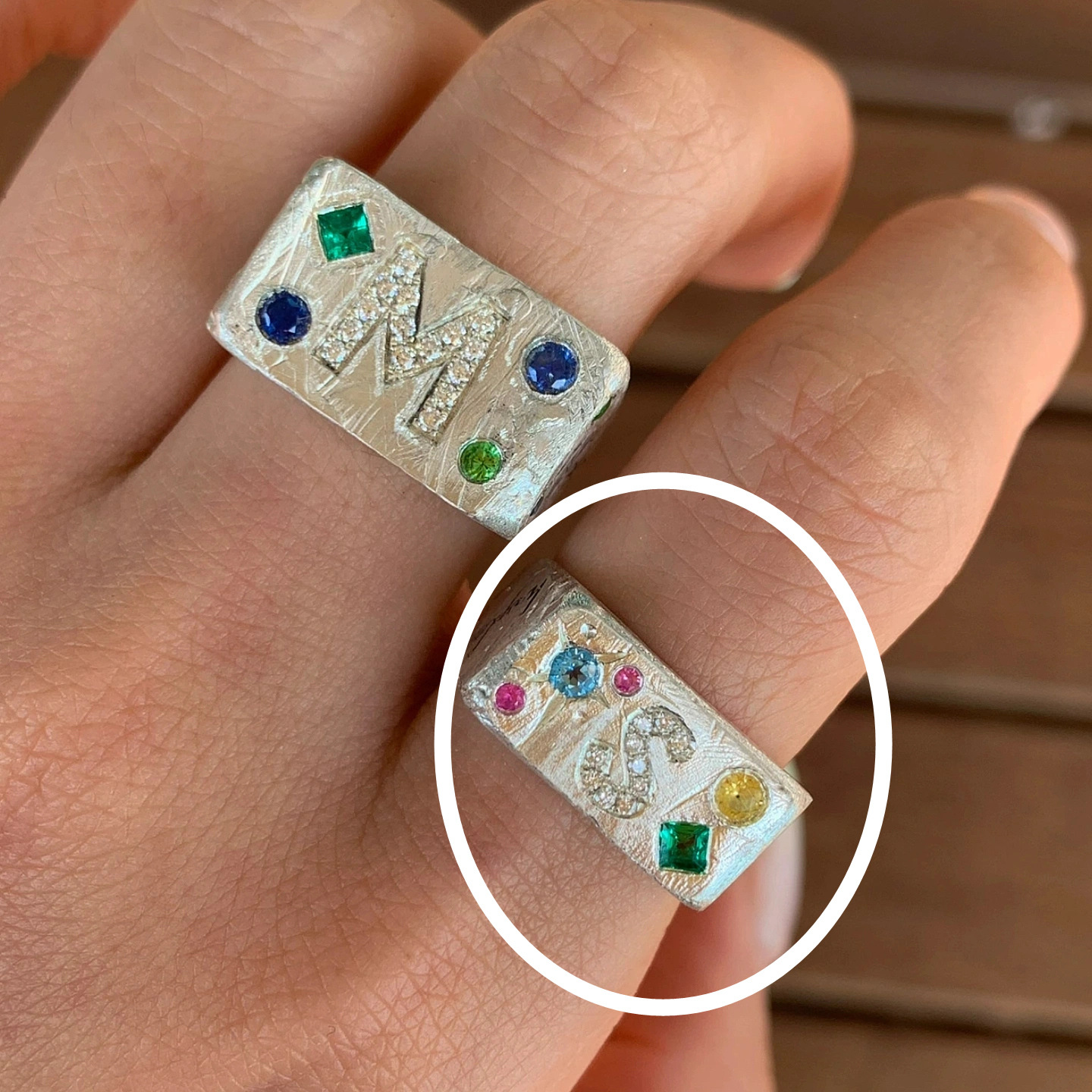 Niche Colored Gem Letters Distressed Ring