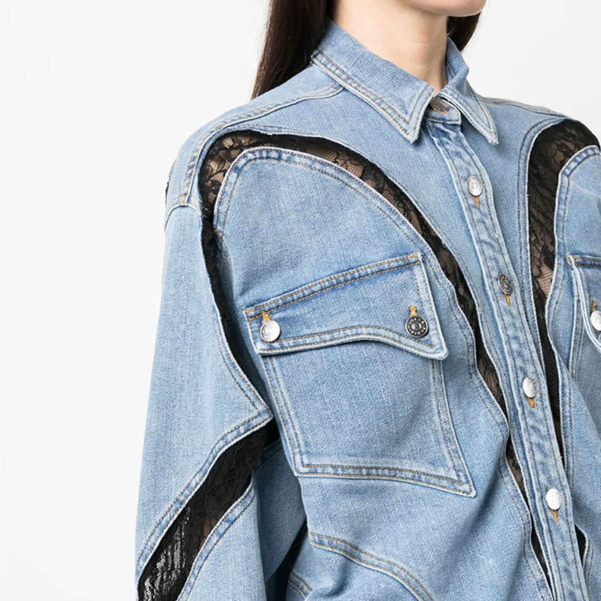 Lace Contrast-Color Oversized Shirt-Style Denim Jacket Coat 2