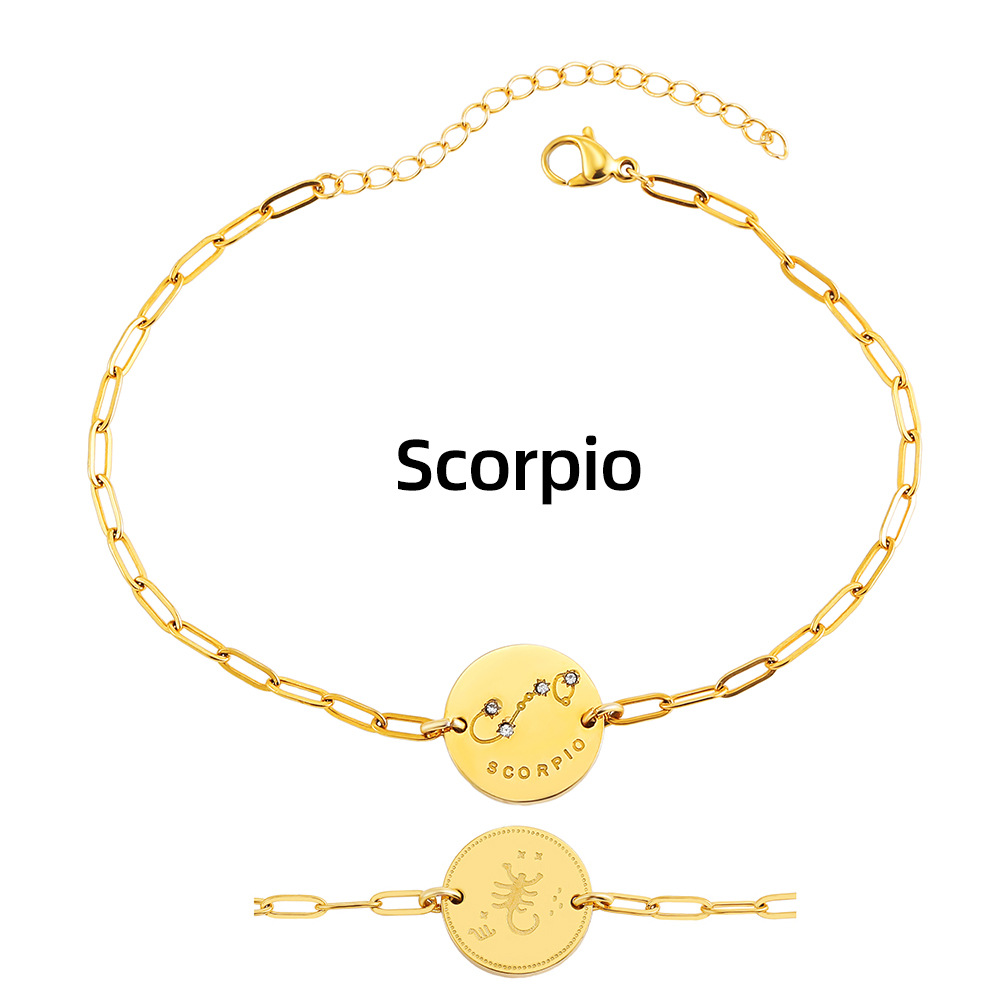 Titanium Steel 18K Gold Round Plate Twelve Constellation Star Chart Inlaid With Diamonds Bracelet