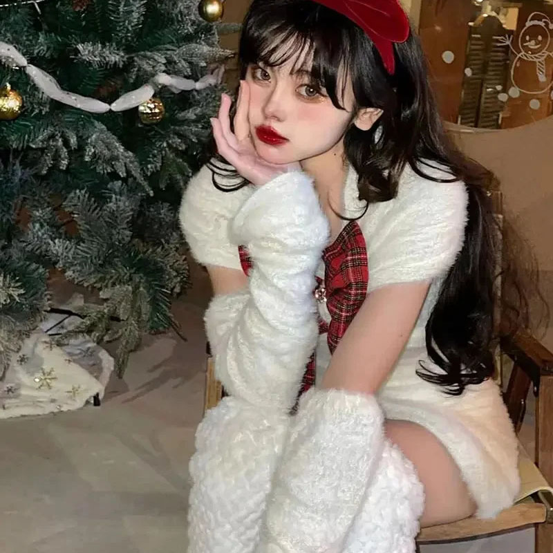 Women Off Shoulder Slim Faux Fur Christmas Party High Waist Slim Dress With Red Bow