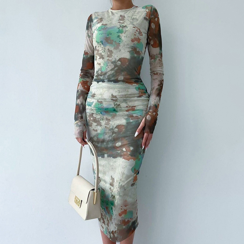 Women's Clothing Autumn New Casual Printed Finger Stall Long Sleeve Round Neck Stitching Mesh Length Dress