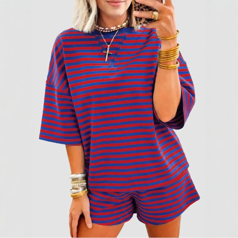 Womens Short-Sleeve Striped Print Two-Piece Set