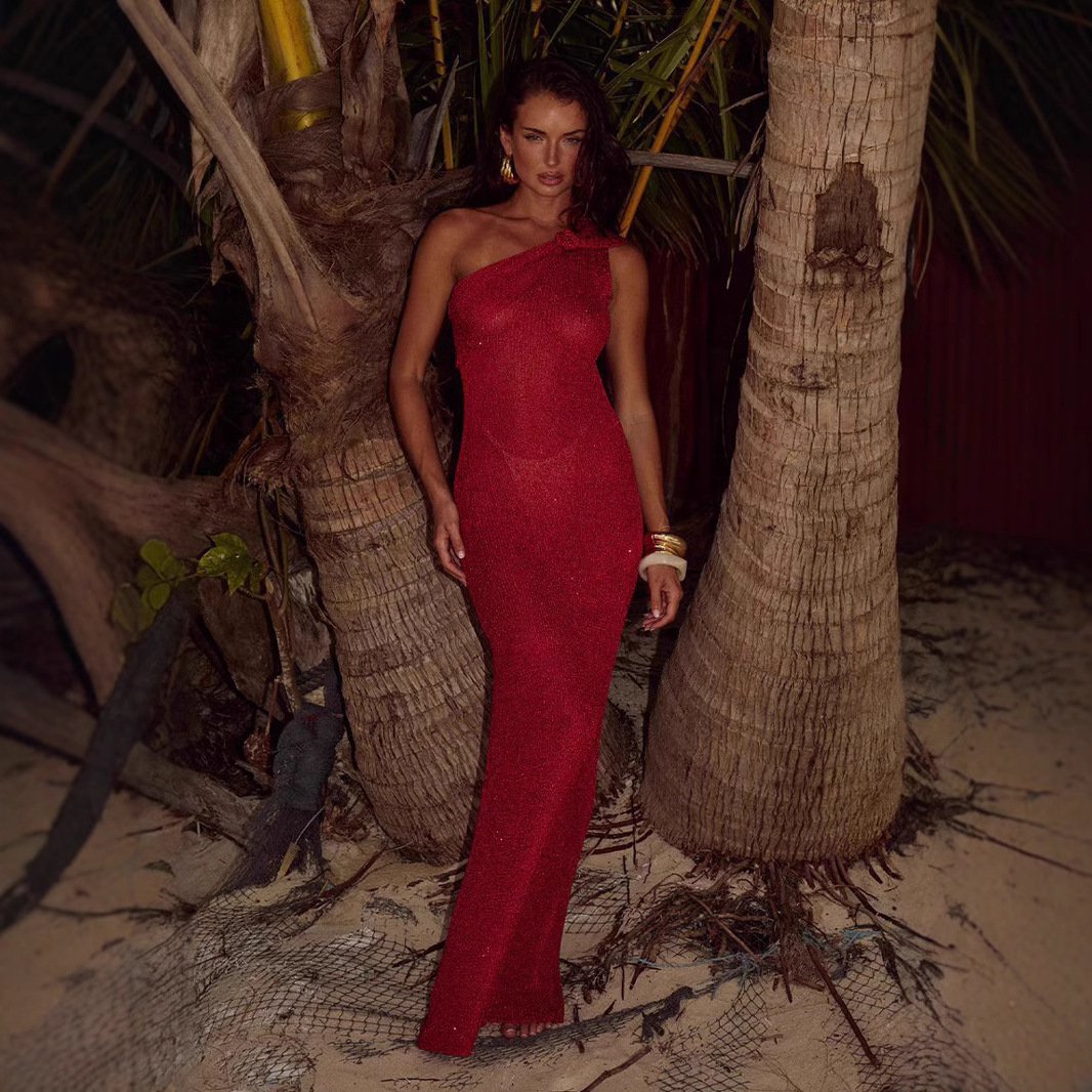 Slim Fi Silk Oblique Shoulder Flower Fishtail Dress