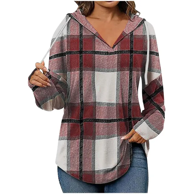 Hooded Pullover V neck Adjustable Drawstring Casual Plaid Long Sleeve Red - Shop at LoveMi