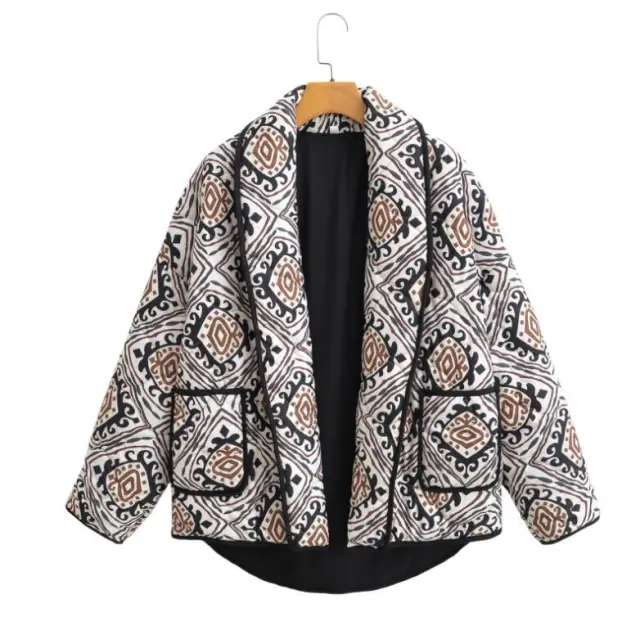 European American Fashion Floral Print Contrast Color Small Stand up Collar Cotton padded Clothes - Shop at LoveMi