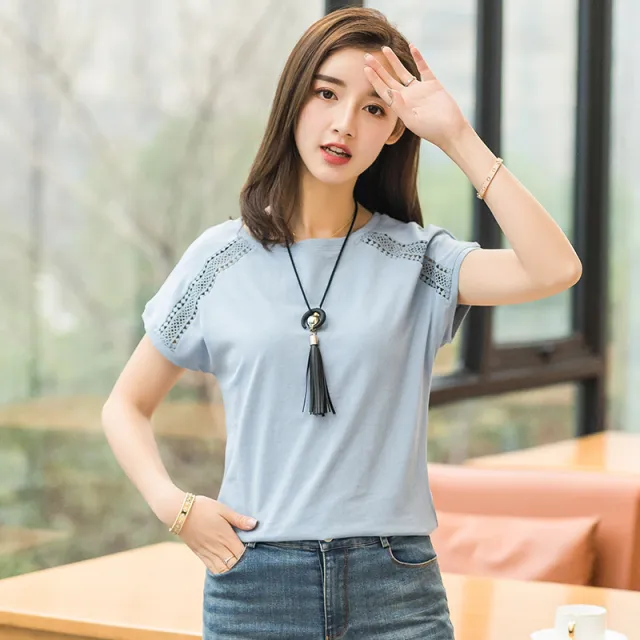 Women's Fashion Round Neck Doll Sleeve Cutout Short Sleeve Top Light Blue - Shop at LoveMi