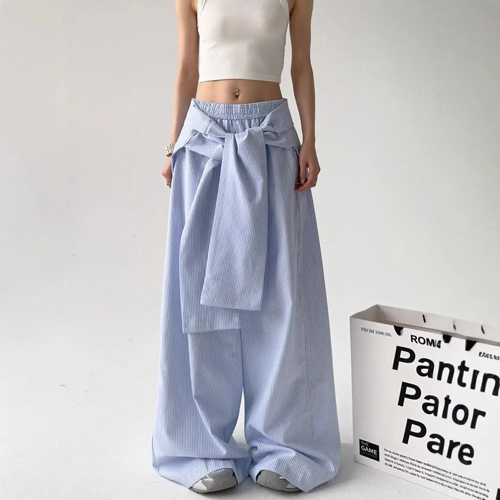 Lace-up Loose Straight Striped Wide-leg Pants Design Sense
