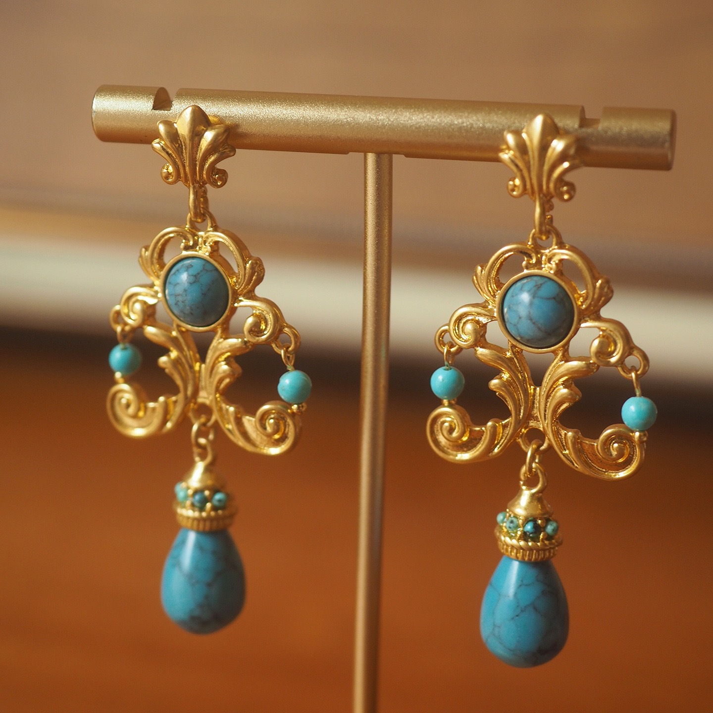 Vintage Palace Style Turquoise Earrings - Handcrafted Floral Carved Drop Earrings