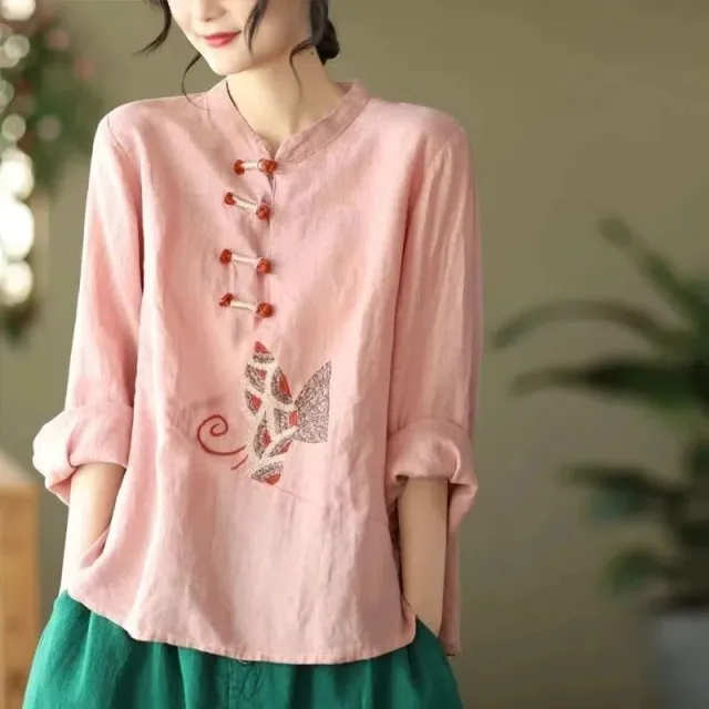 Ethnic Style Plus Size Cotton And Linen Shirt For Women Pink - Shop at LoveMi