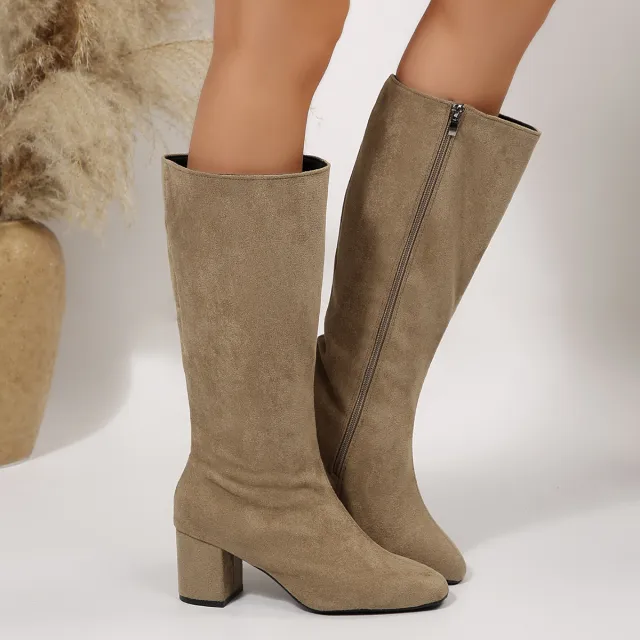 Wide Pointed Toe Chunky Heel Below The Knee Long Boots Apricot - Shop at LoveMi