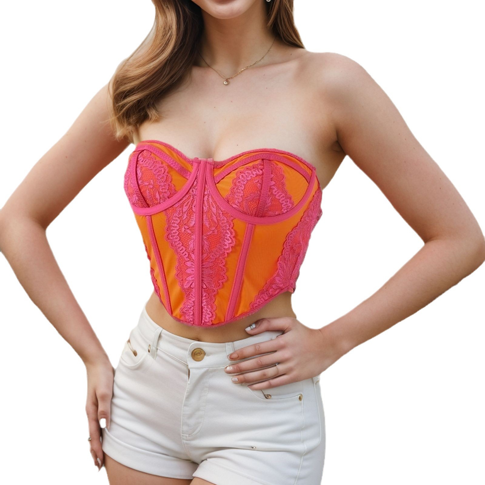 European And American Color Matching Chest Wrap Splicing Lace Top