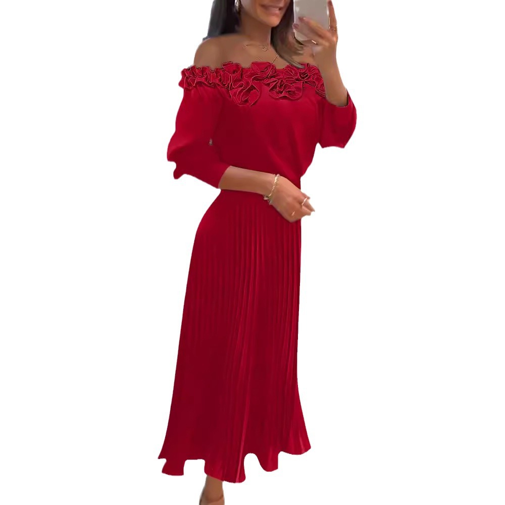 Three dimensional Pleated Off shoulder Pleated Dress Red - Shop at LoveMi