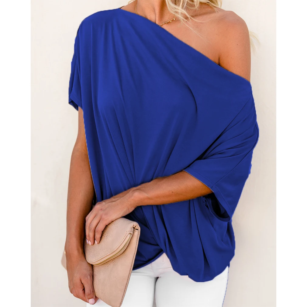 Title 7, Pleated solid color sexy loose shoulder ladies ...