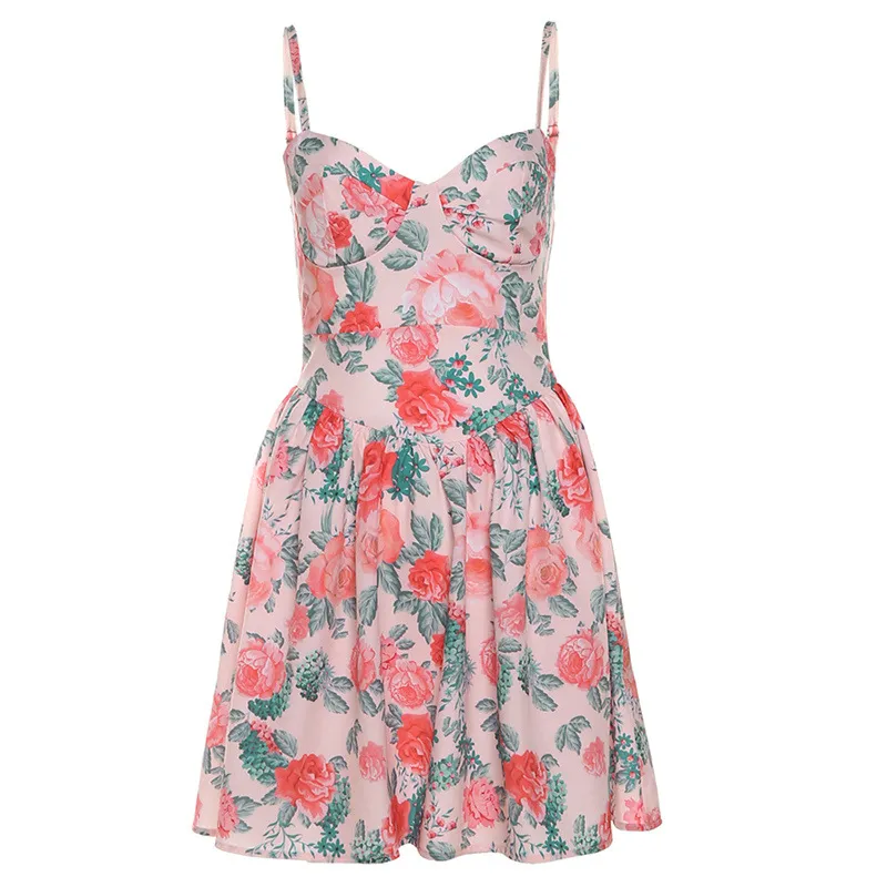 Women's High Waist Floral Slip Dress Backless - Pink