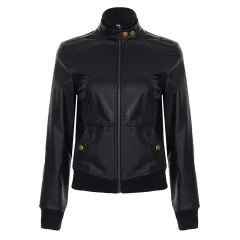 American Street Locomotive Style Waist Trimming Short Stand Collar PU Leather Jacket - Black - View 1