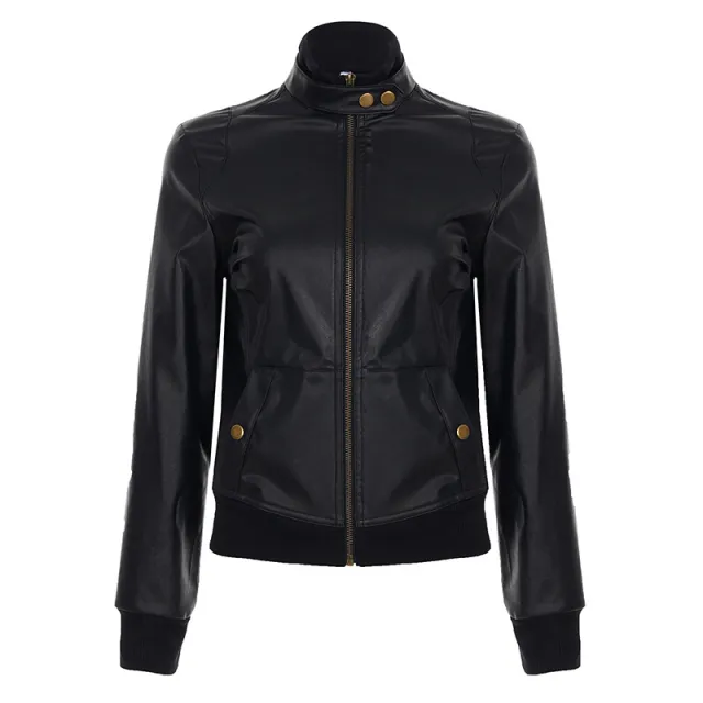 American Street Locomotive Style Waist Trimming Short Stand Collar PU Leather Jacket Black - Shop at LoveMi