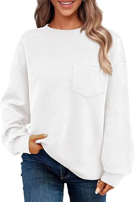 Women's Long sleeved Drop shoulder Round Neck Sweater Texture White - Shop at LoveMi