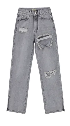 Women's High Waist Sand Grey Straight-leg Denim Trousers - Grey - View 1