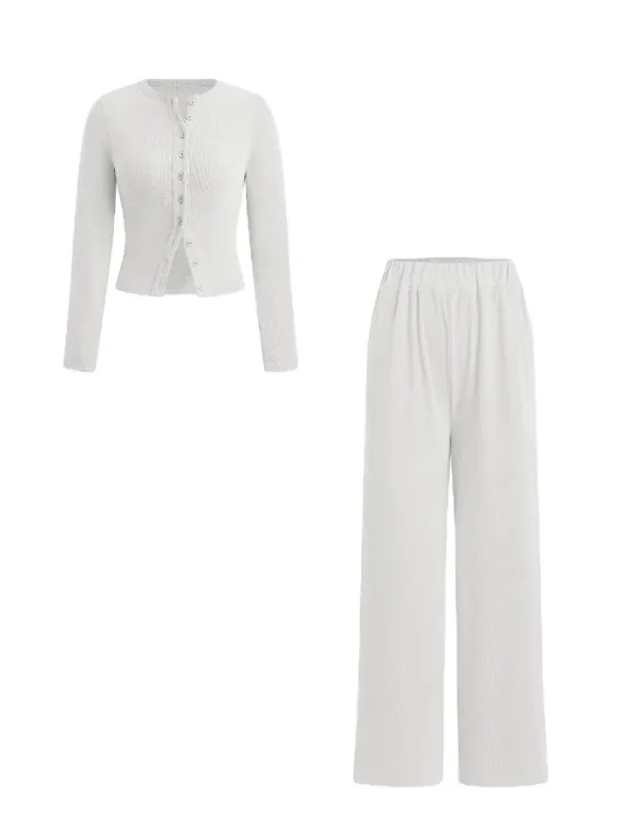 Casual Slim fit Buttoned Long Sleeve Wide Leg Pants Suit White - Shop at LoveMi
