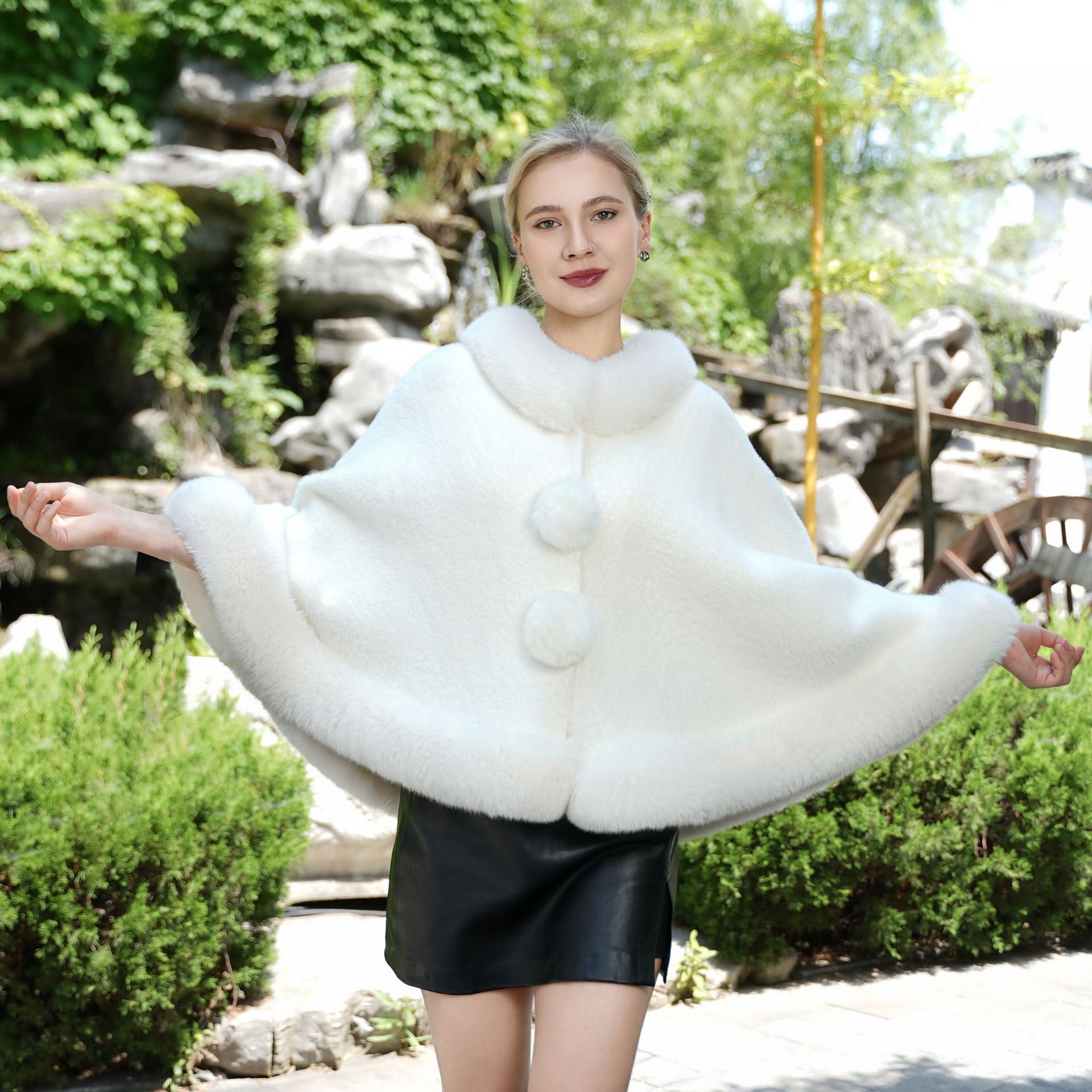 White Fur Cardigan Cape Cloak Plush Collar Inverness