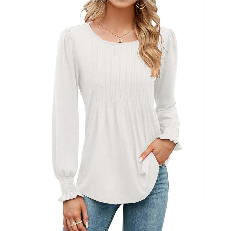 Women's Solid Color Casual Puff Sleeve Round Neck Top