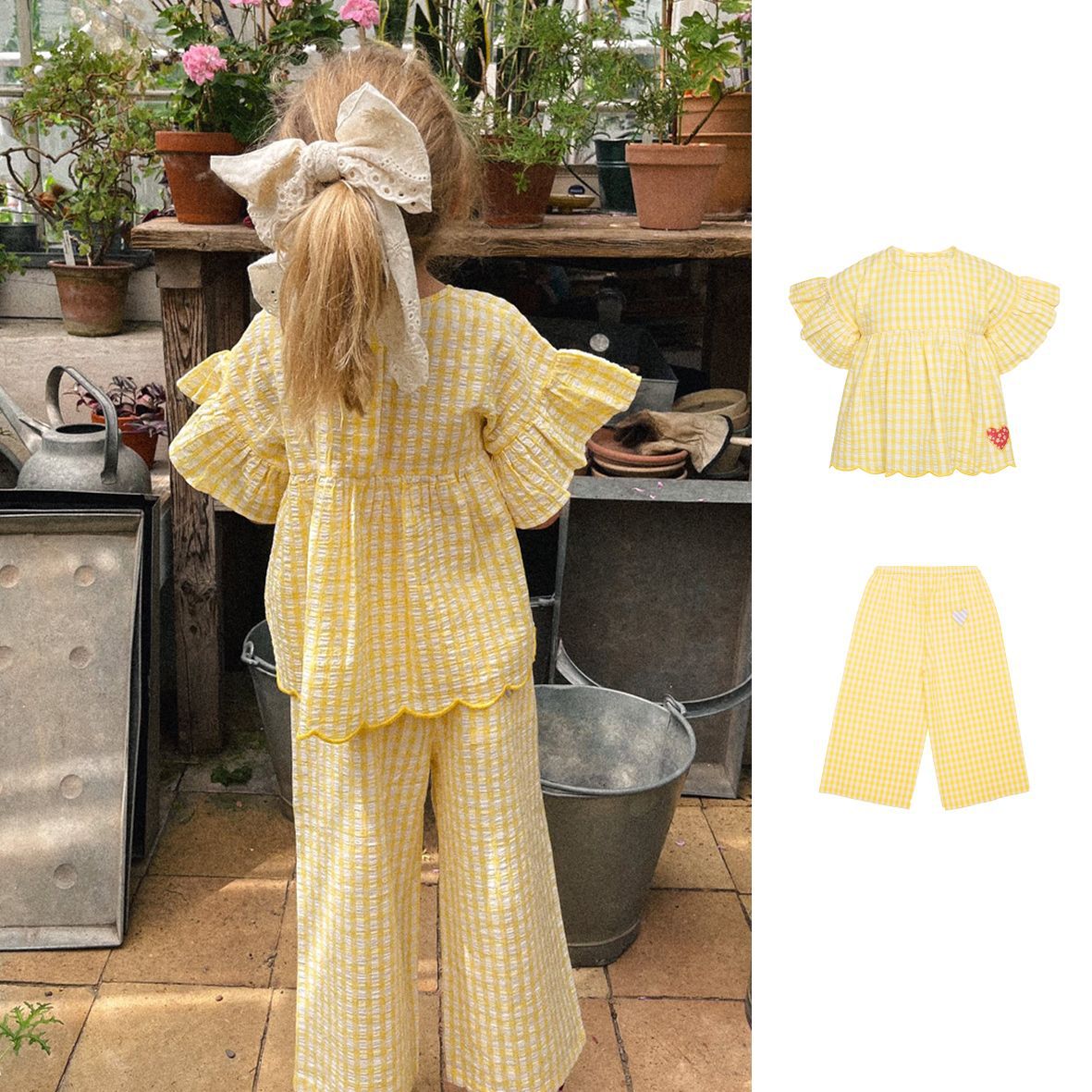 Summer Nordic-style Ruffle-sleeve Yellow Plaid Loose Short-sleeve Kids Set