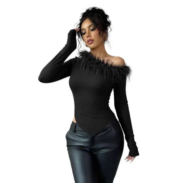 Autumn And Winter Niche Design Feather Patchwork Single Shoulder Irregular Hem Slim Long Sleeve Women Black - Shop at LoveMi