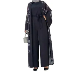 Flower Long Coat Fashion Two Piece Set - Purplish Blue - View 1