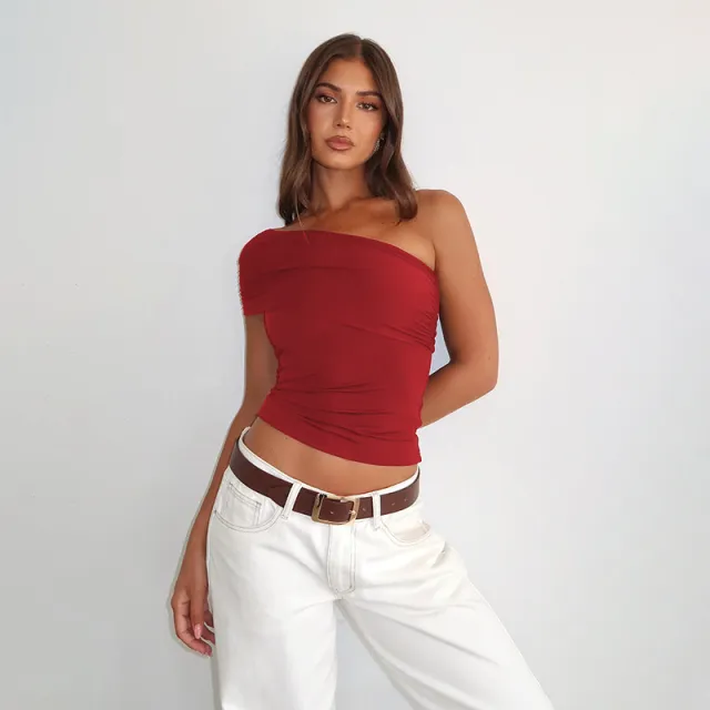 Cloud Sense Oblique Shoulder Fitted Waist Pleated T shirt Red - Shop at LoveMi