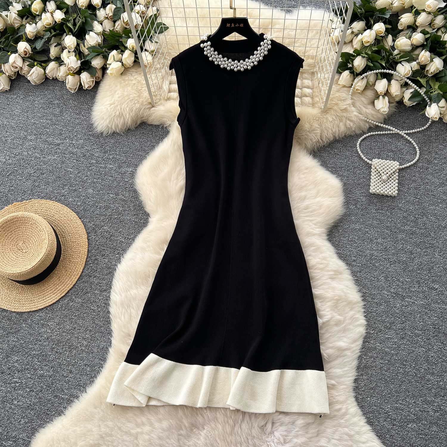 Beaded Crew Neck Sleeveless Flattering Knit Dress For Women In A Color Block Design