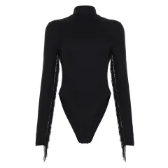 Fashionable European And American-style Design Solid-colour Basic Jumpsuit With Tassels - Black - View 1