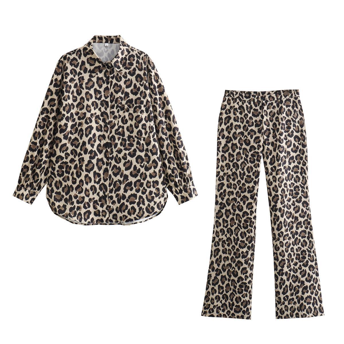 Women's Animal Print Shirt Straight-leg Pants Suit