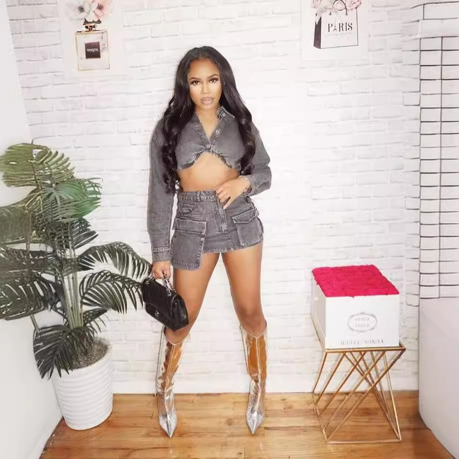 Women's Casual Polo Collar Coat High Waist Pocket Stretch Denim Skirt Suit