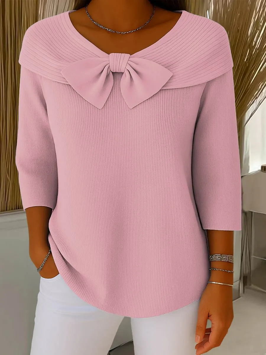 Knitted Bow Solid Color Sweater Autumn And Winter - Pink